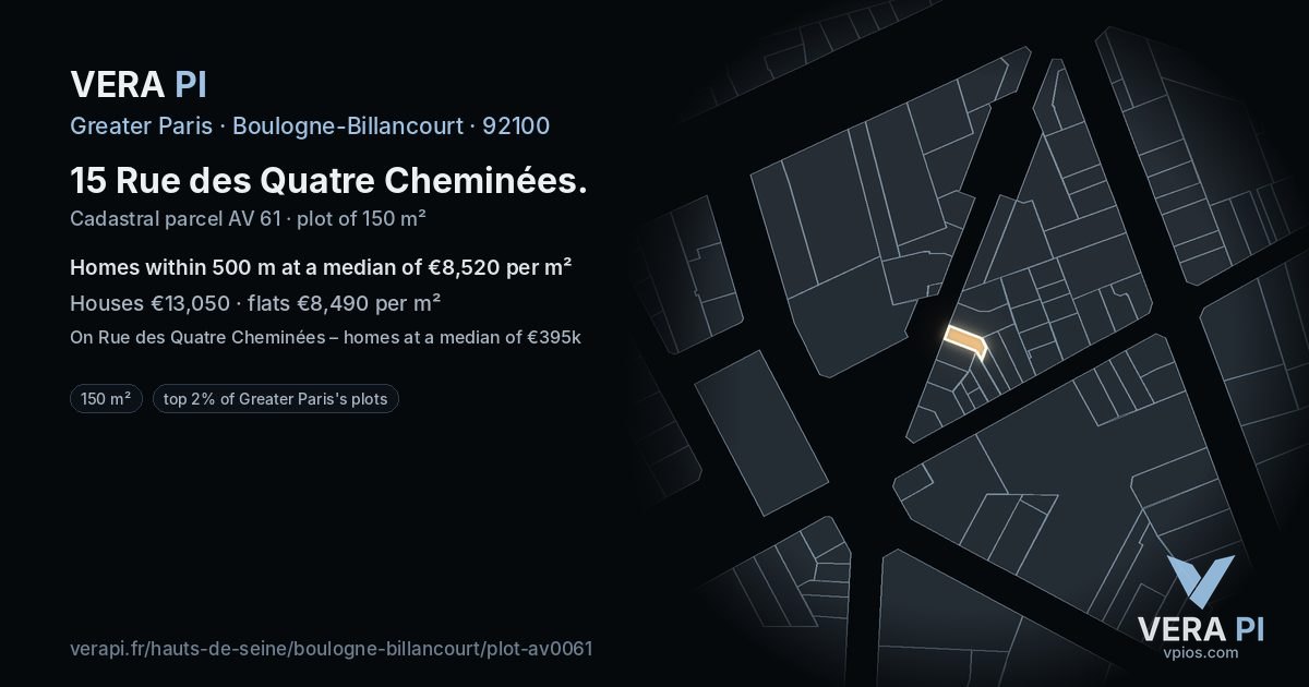 15 Rue des Quatre Cheminées, Boulogne-Billancourt at night – the plot lit, the parcels around coloured by the prices near them