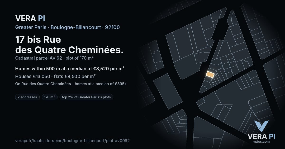 17 bis Rue des Quatre Cheminées, Boulogne-Billancourt at night – the plot lit, the parcels around coloured by the prices near them