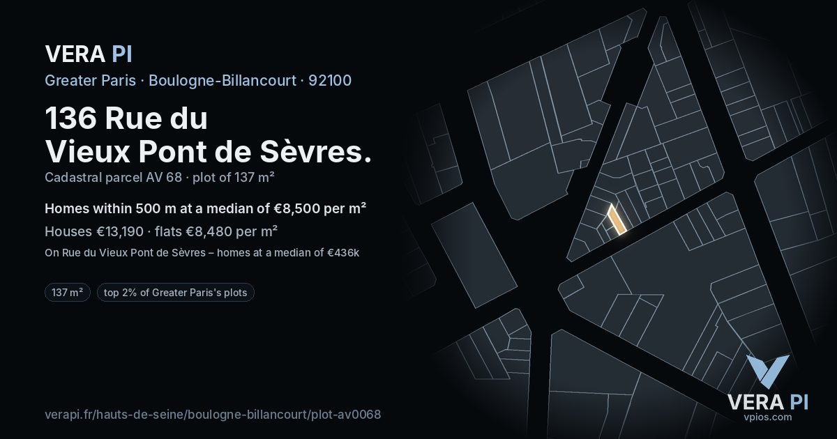 136 Rue du Vieux Pont de Sèvres, Boulogne-Billancourt at night – the plot lit, the parcels around coloured by the prices near them