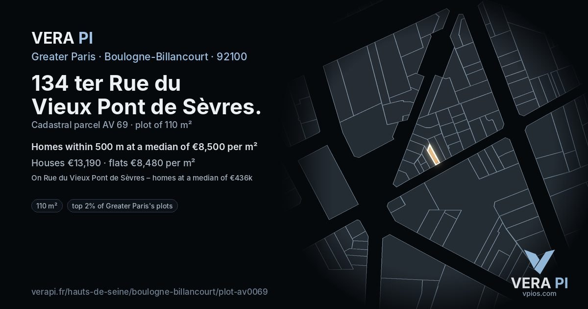 134 ter Rue du Vieux Pont de Sèvres, Boulogne-Billancourt at night – the plot lit, the parcels around coloured by the prices near them