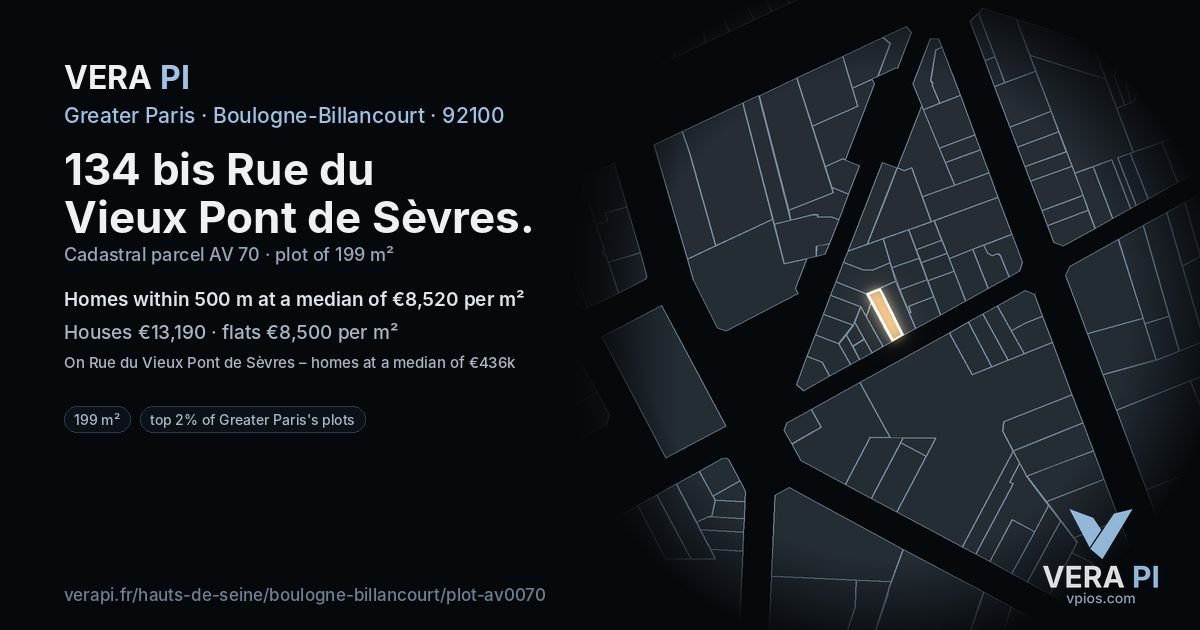 134 bis Rue du Vieux Pont de Sèvres, Boulogne-Billancourt at night – the plot lit, the parcels around coloured by the prices near them