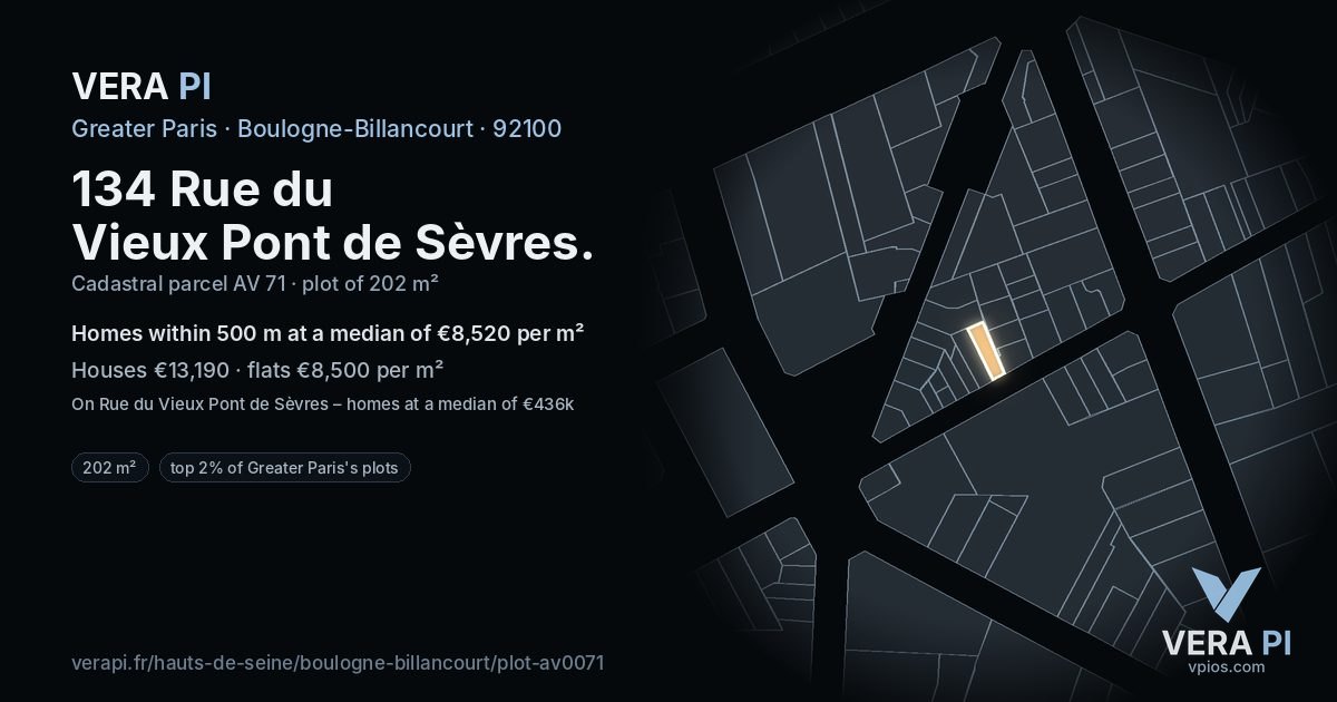 134 Rue du Vieux Pont de Sèvres, Boulogne-Billancourt at night – the plot lit, the parcels around coloured by the prices near them