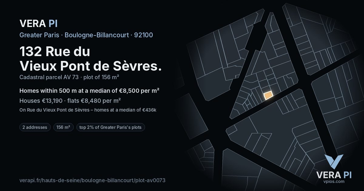 132 Rue du Vieux Pont de Sèvres, Boulogne-Billancourt at night – the plot lit, the parcels around coloured by the prices near them