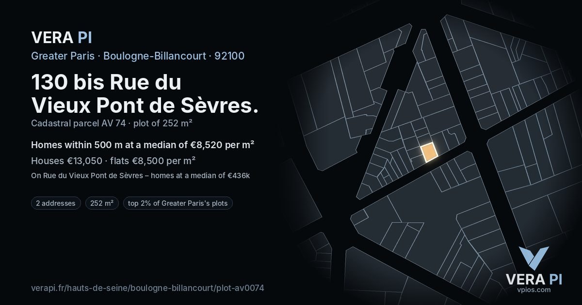 130 bis Rue du Vieux Pont de Sèvres, Boulogne-Billancourt at night – the plot lit, the parcels around coloured by the prices near them