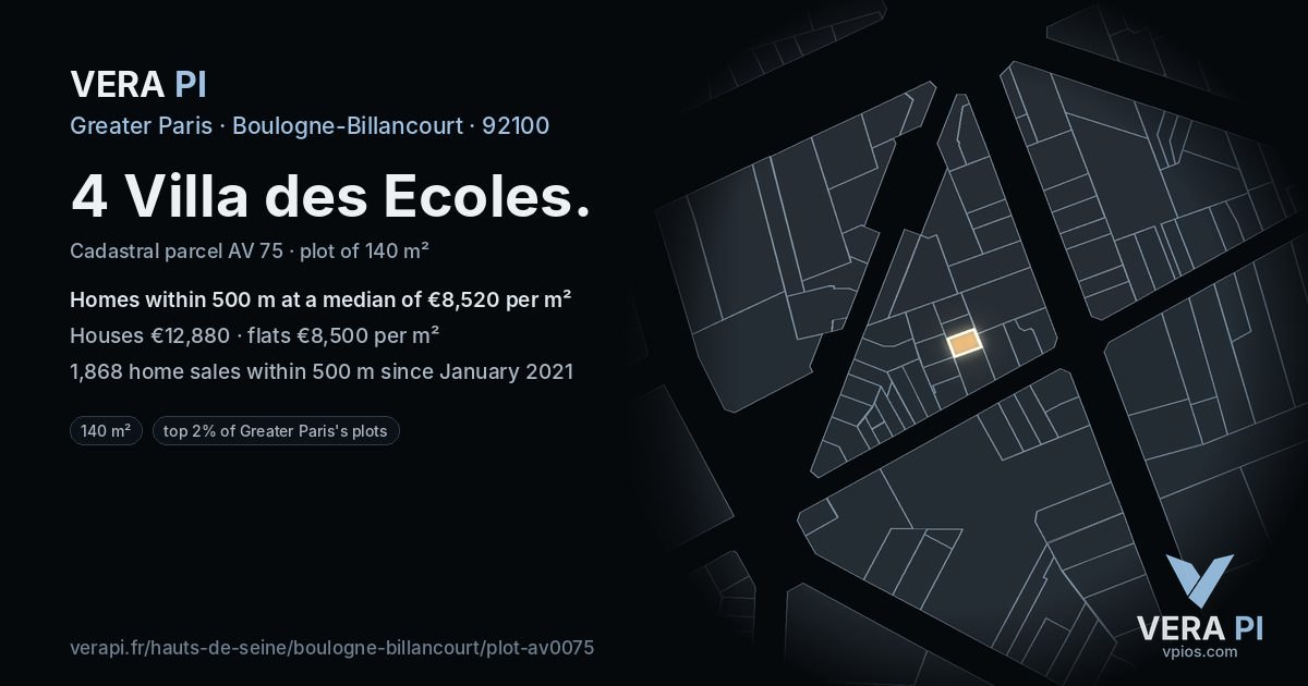 4 Villa des Ecoles, Boulogne-Billancourt at night – the plot lit, the parcels around coloured by the prices near them