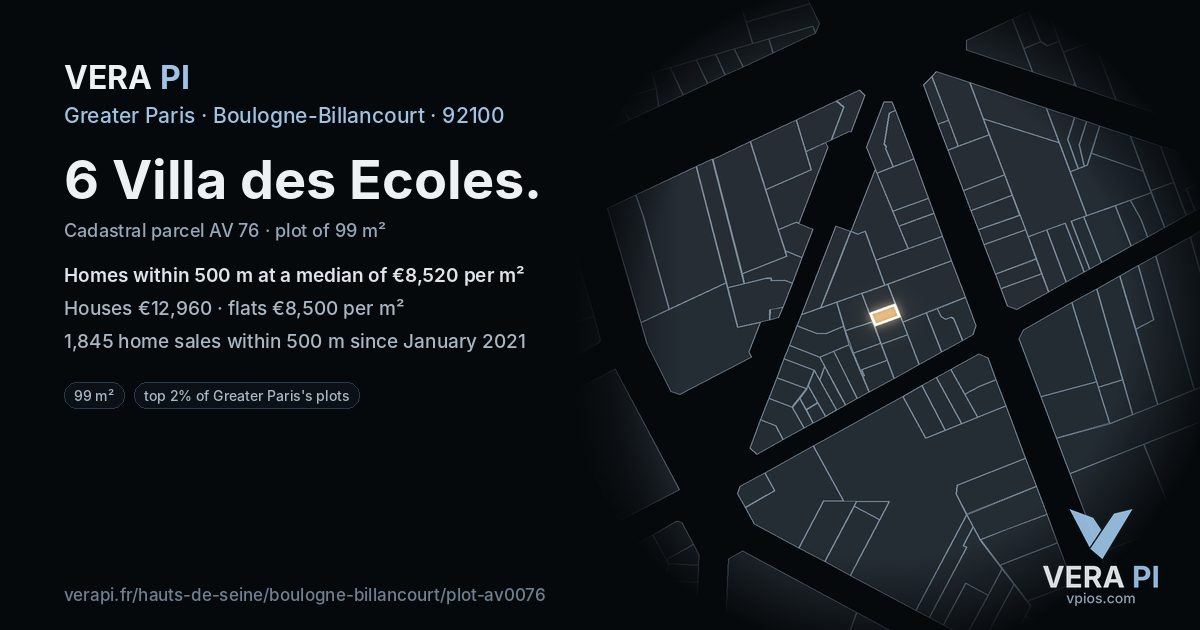 6 Villa des Ecoles, Boulogne-Billancourt at night – the plot lit, the parcels around coloured by the prices near them