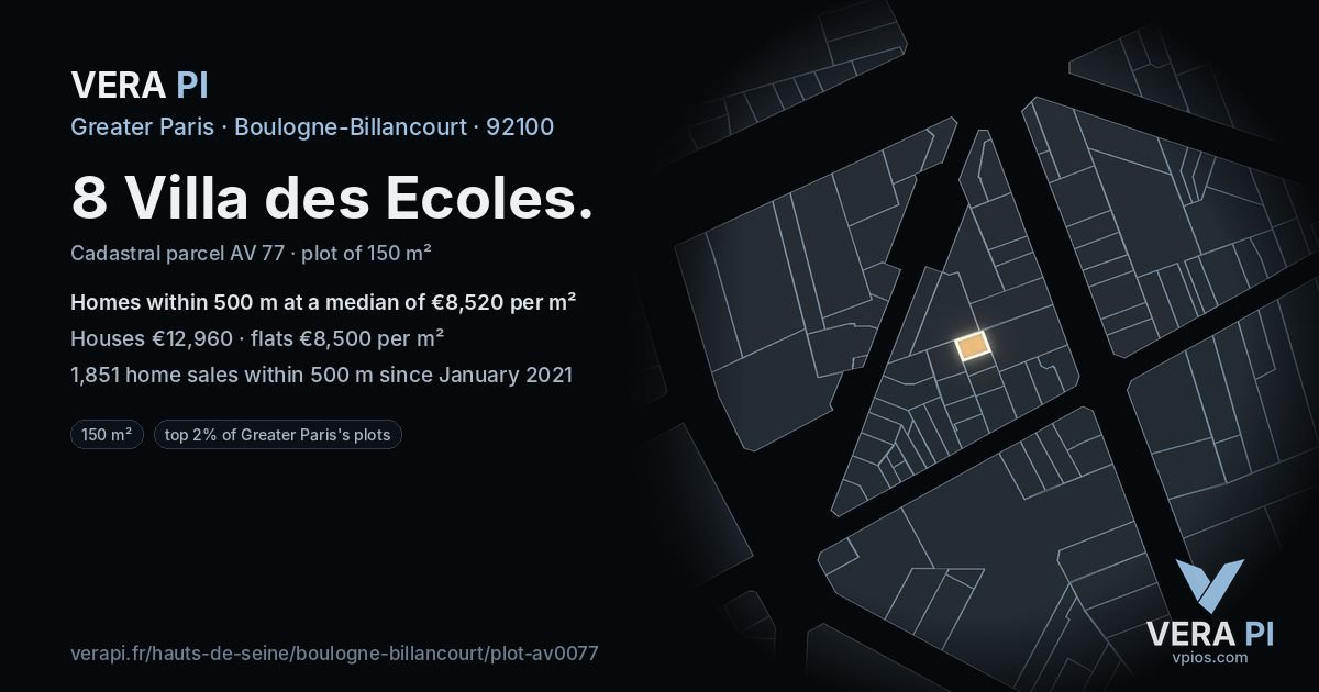 8 Villa des Ecoles, Boulogne-Billancourt at night – the plot lit, the parcels around coloured by the prices near them