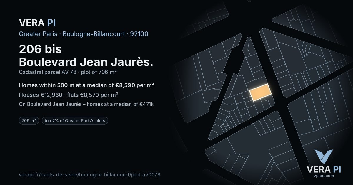 206 bis Boulevard Jean Jaurès, Boulogne-Billancourt at night – the plot lit, the parcels around coloured by the prices near them