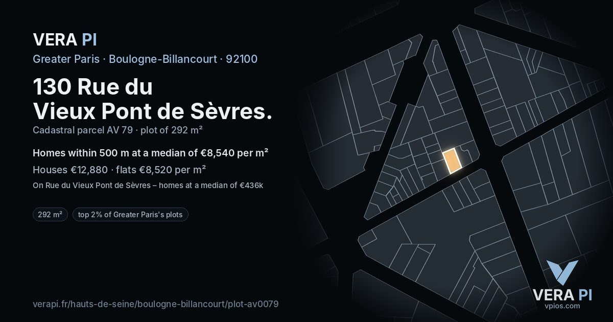 130 Rue du Vieux Pont de Sèvres, Boulogne-Billancourt at night – the plot lit, the parcels around coloured by the prices near them