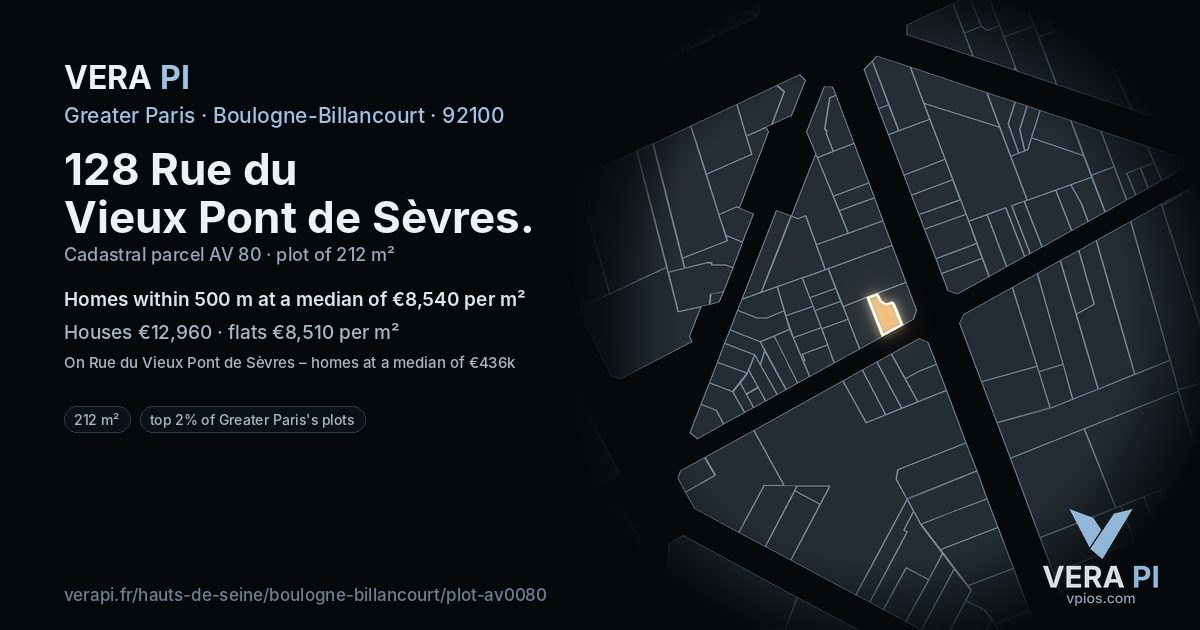 128 Rue du Vieux Pont de Sèvres, Boulogne-Billancourt at night – the plot lit, the parcels around coloured by the prices near them