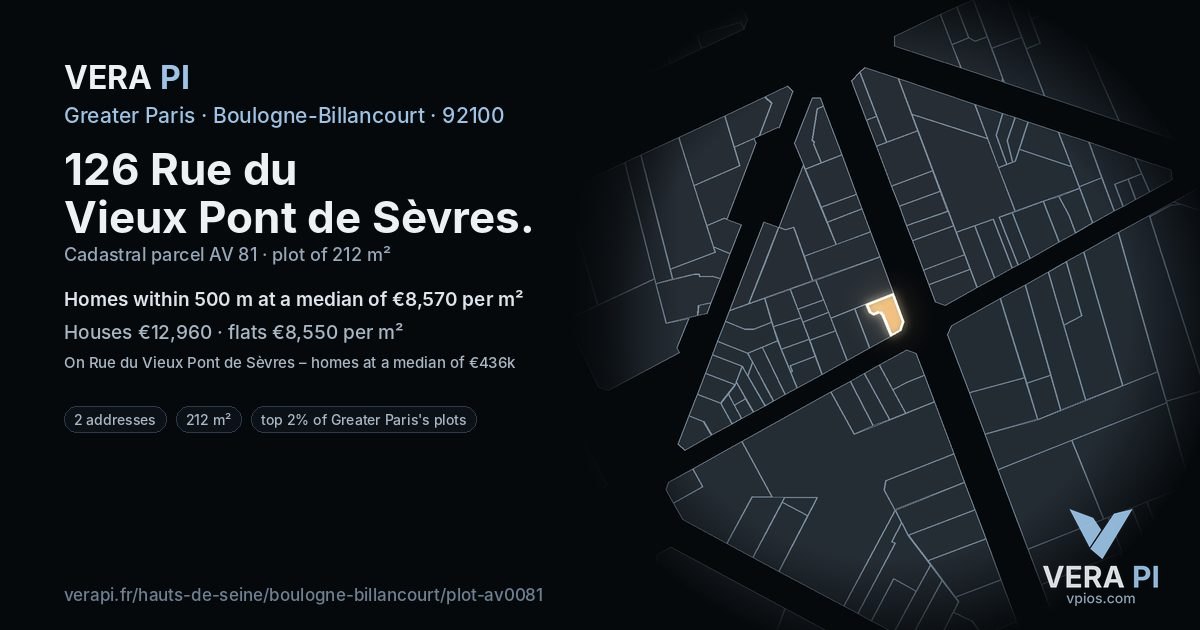 126 Rue du Vieux Pont de Sèvres, Boulogne-Billancourt at night – the plot lit, the parcels around coloured by the prices near them