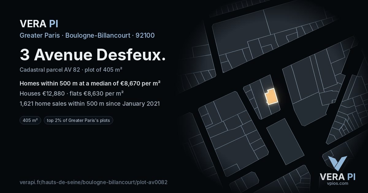 3 Avenue Desfeux, Boulogne-Billancourt at night – the plot lit, the parcels around coloured by the prices near them