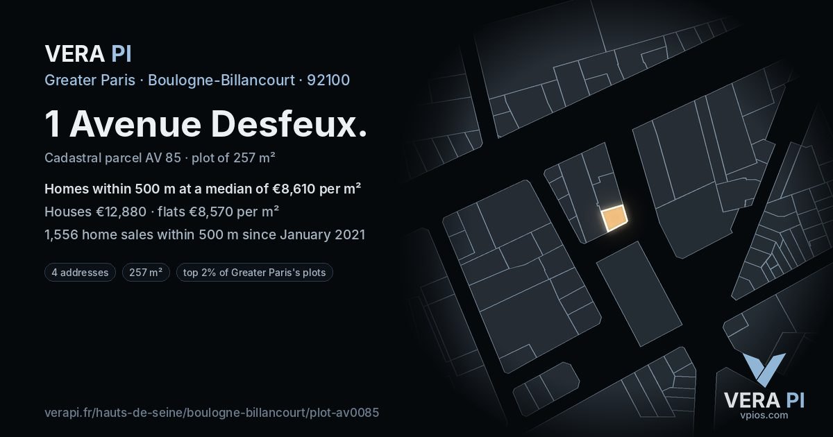 1 Avenue Desfeux, Boulogne-Billancourt at night – the plot lit, the parcels around coloured by the prices near them