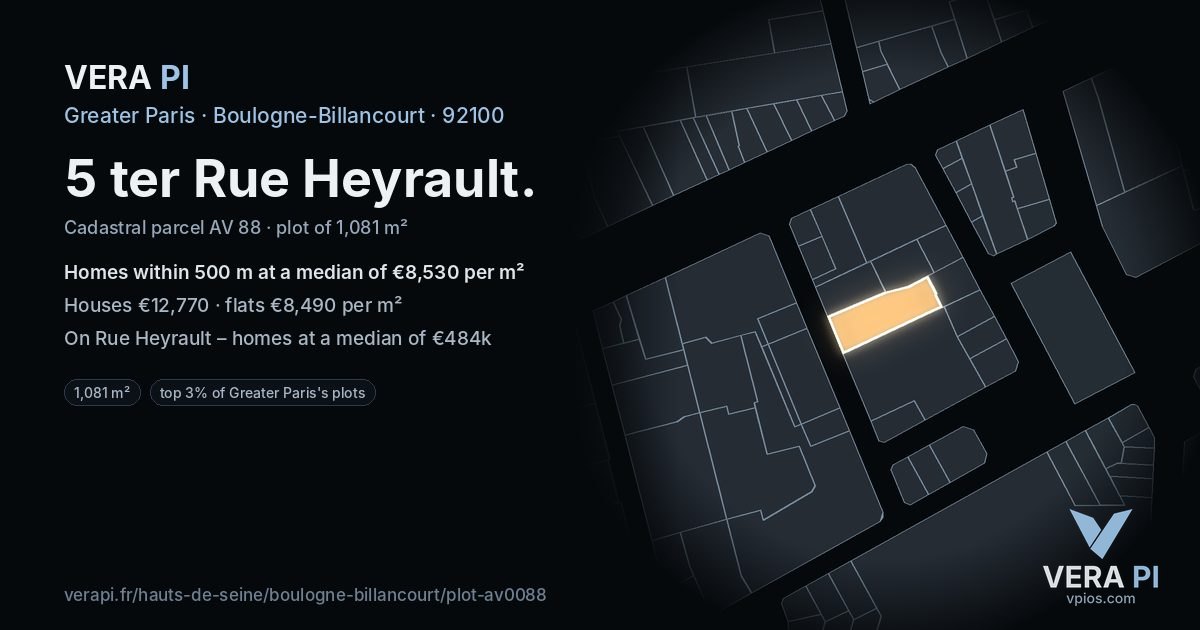 5 ter Rue Heyrault, Boulogne-Billancourt at night – the plot lit, the parcels around coloured by the prices near them