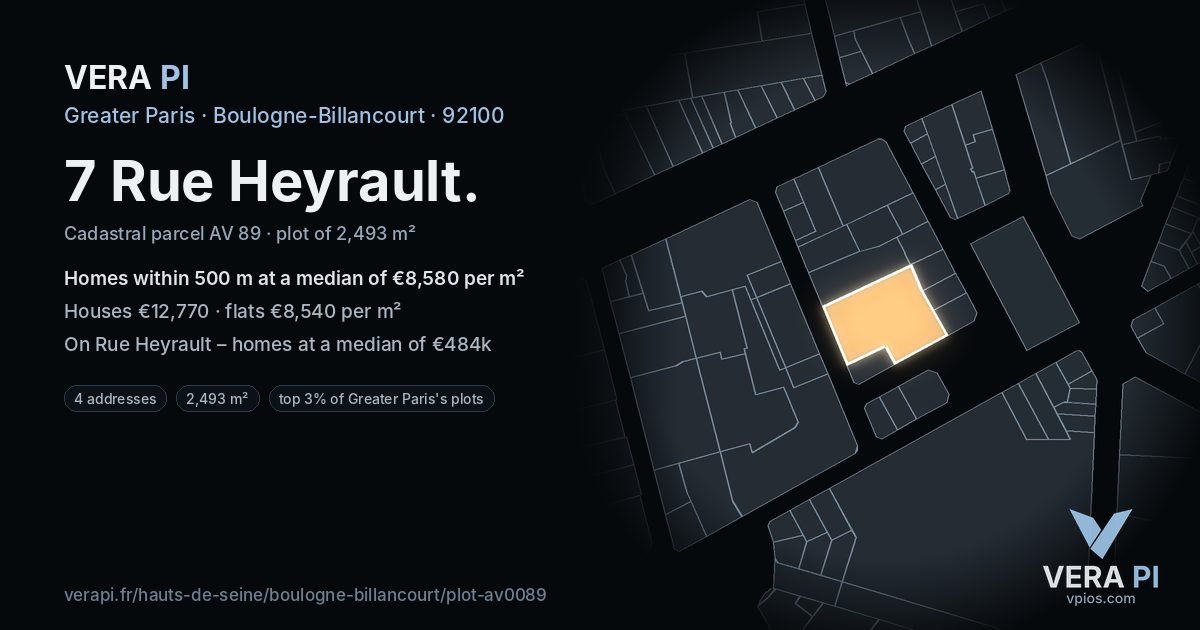 7 Rue Heyrault, Boulogne-Billancourt at night – the plot lit, the parcels around coloured by the prices near them