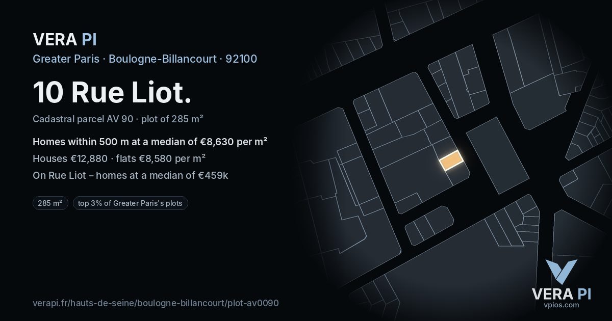 10 Rue Liot, Boulogne-Billancourt at night – the plot lit, the parcels around coloured by the prices near them