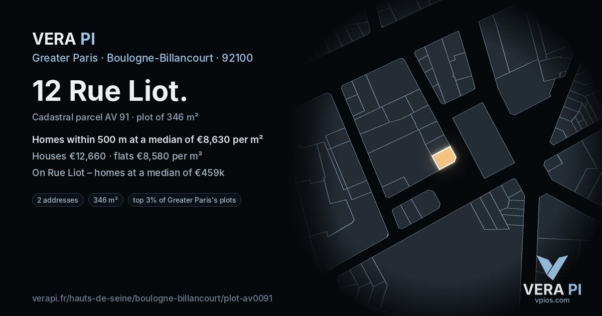 12 Rue Liot, Boulogne-Billancourt at night – the plot lit, the parcels around coloured by the prices near them