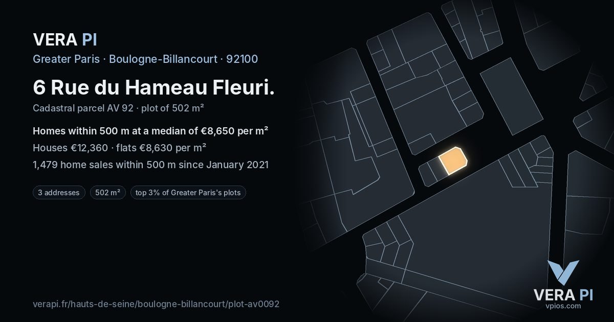 6 Rue du Hameau Fleuri, Boulogne-Billancourt at night – the plot lit, the parcels around coloured by the prices near them
