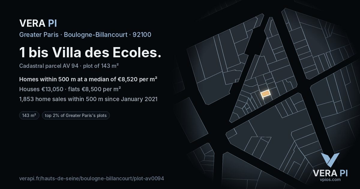 1 bis Villa des Ecoles, Boulogne-Billancourt at night – the plot lit, the parcels around coloured by the prices near them