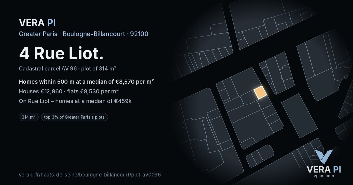 4 Rue Liot, Boulogne-Billancourt at night – the plot lit, the parcels around coloured by the prices near them