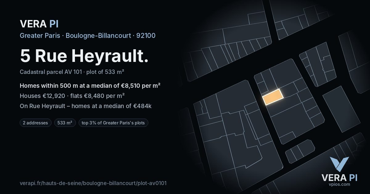 5 Rue Heyrault, Boulogne-Billancourt at night – the plot lit, the parcels around coloured by the prices near them
