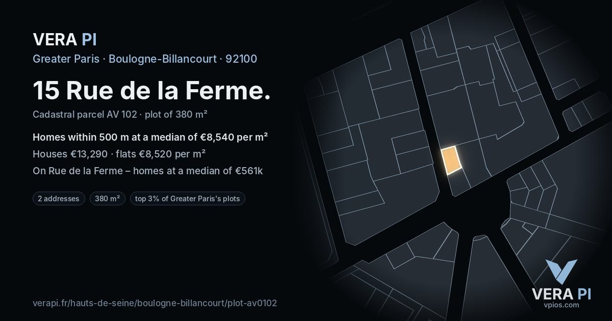 15 Rue de la Ferme, Boulogne-Billancourt at night – the plot lit, the parcels around coloured by the prices near them