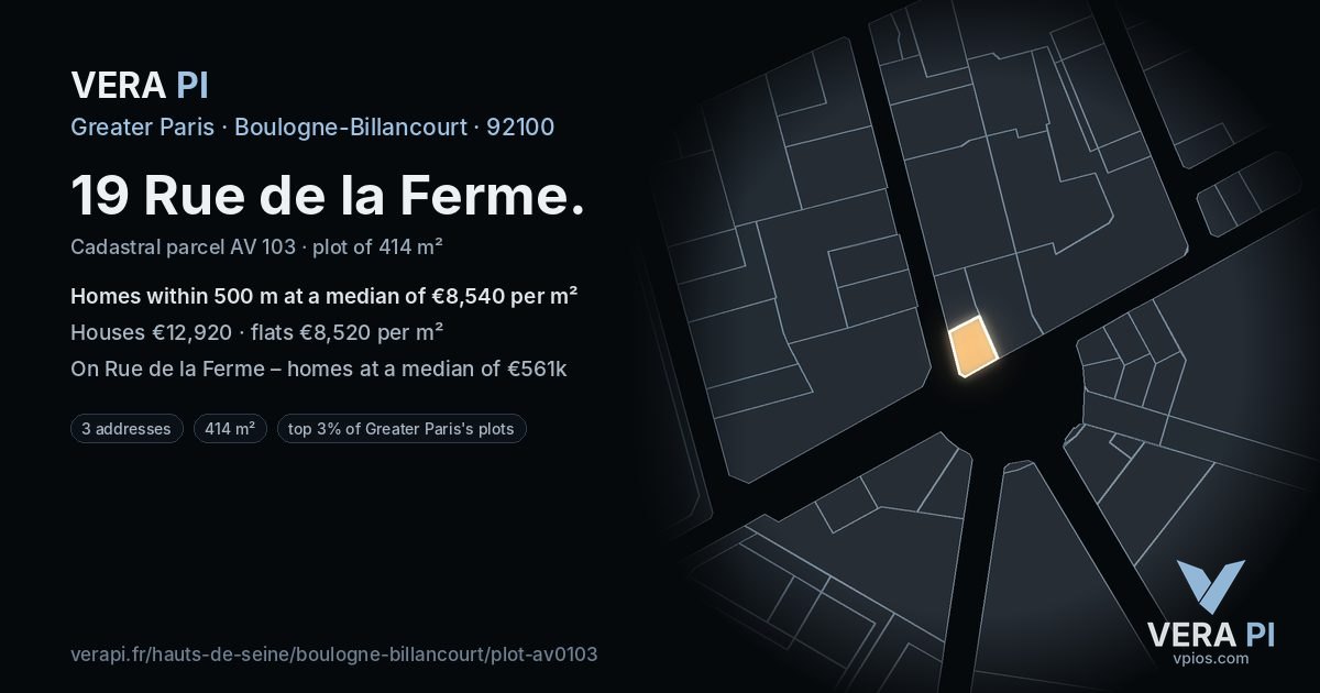 19 Rue de la Ferme, Boulogne-Billancourt at night – the plot lit, the parcels around coloured by the prices near them
