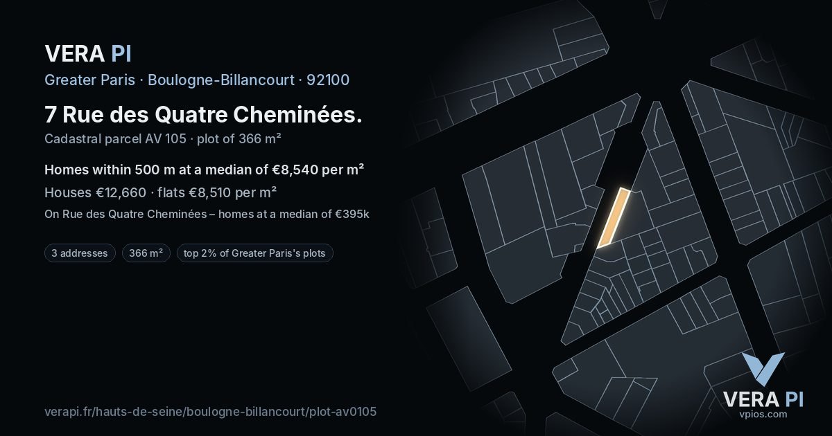7 Rue des Quatre Cheminées, Boulogne-Billancourt at night – the plot lit, the parcels around coloured by the prices near them