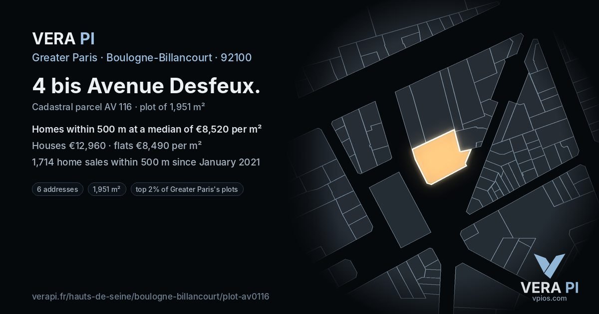 4 bis Avenue Desfeux, Boulogne-Billancourt at night – the plot lit, the parcels around coloured by the prices near them