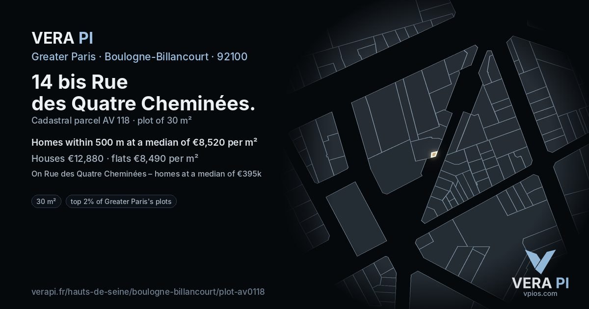 14 bis Rue des Quatre Cheminées, Boulogne-Billancourt at night – the plot lit, the parcels around coloured by the prices near them