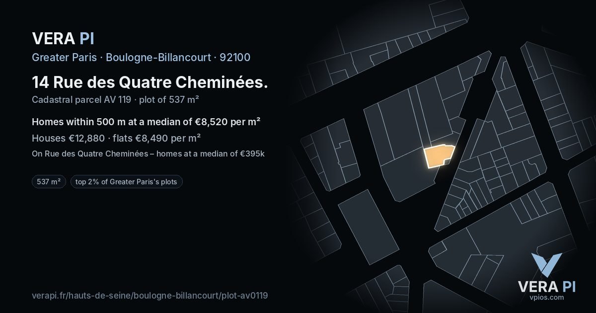 14 Rue des Quatre Cheminées, Boulogne-Billancourt at night – the plot lit, the parcels around coloured by the prices near them