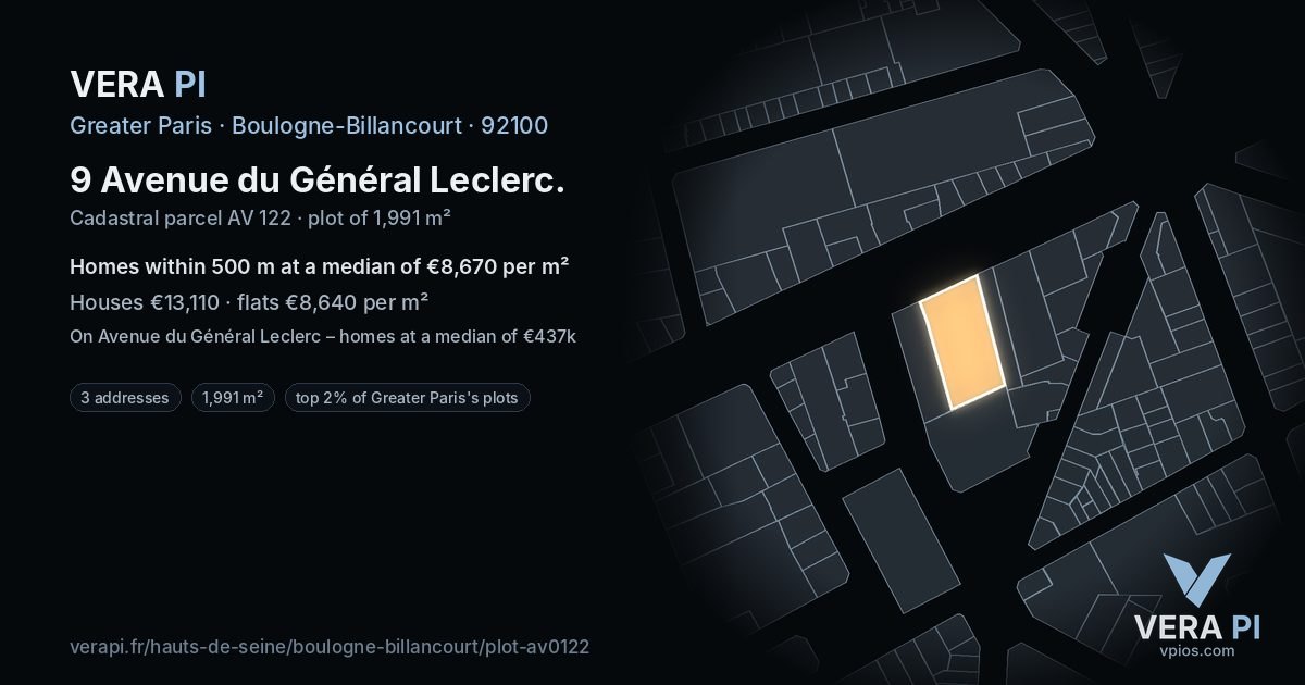 9 Avenue du Général Leclerc, Boulogne-Billancourt at night – the plot lit, the parcels around coloured by the prices near them