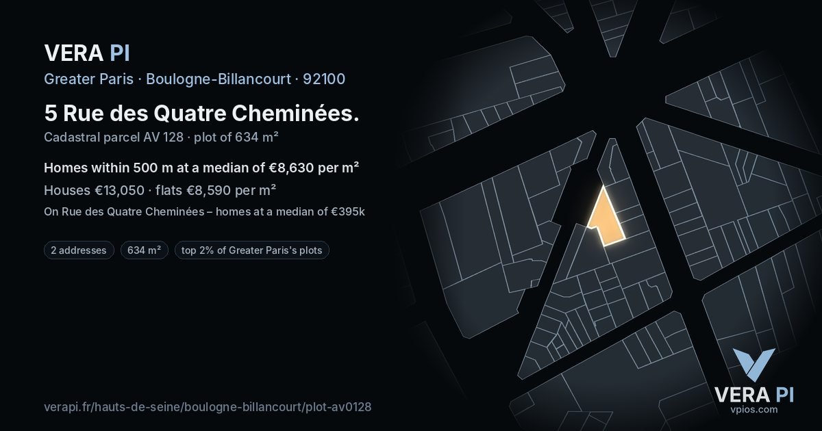 5 Rue des Quatre Cheminées, Boulogne-Billancourt at night – the plot lit, the parcels around coloured by the prices near them