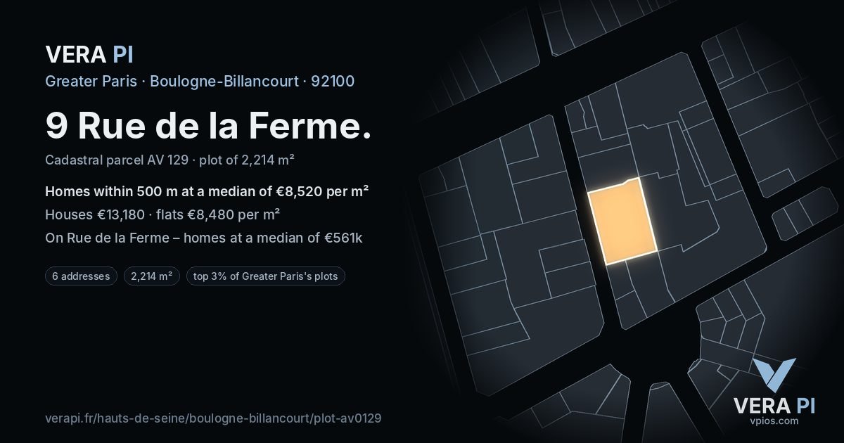 9 Rue de la Ferme, Boulogne-Billancourt at night – the plot lit, the parcels around coloured by the prices near them
