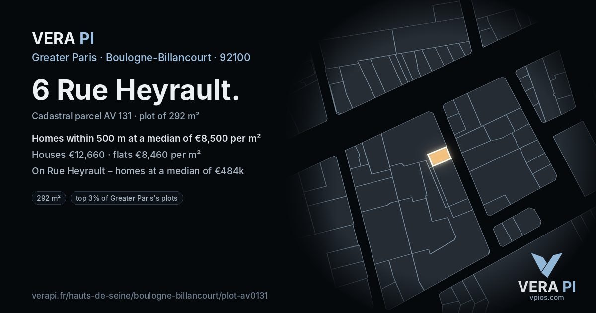 6 Rue Heyrault, Boulogne-Billancourt at night – the plot lit, the parcels around coloured by the prices near them