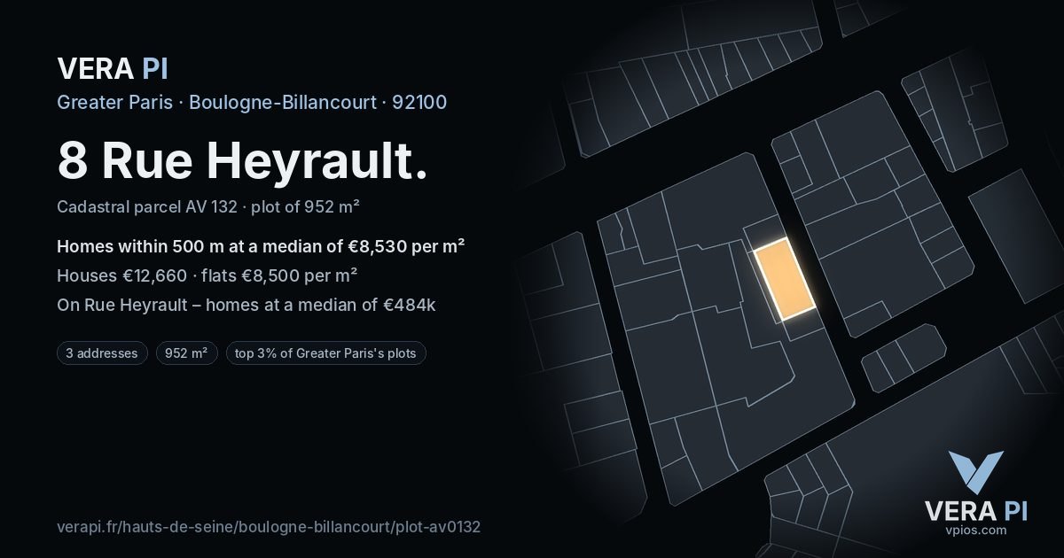 8 Rue Heyrault, Boulogne-Billancourt at night – the plot lit, the parcels around coloured by the prices near them