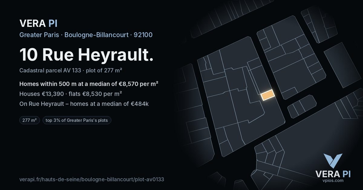 10 Rue Heyrault, Boulogne-Billancourt at night – the plot lit, the parcels around coloured by the prices near them