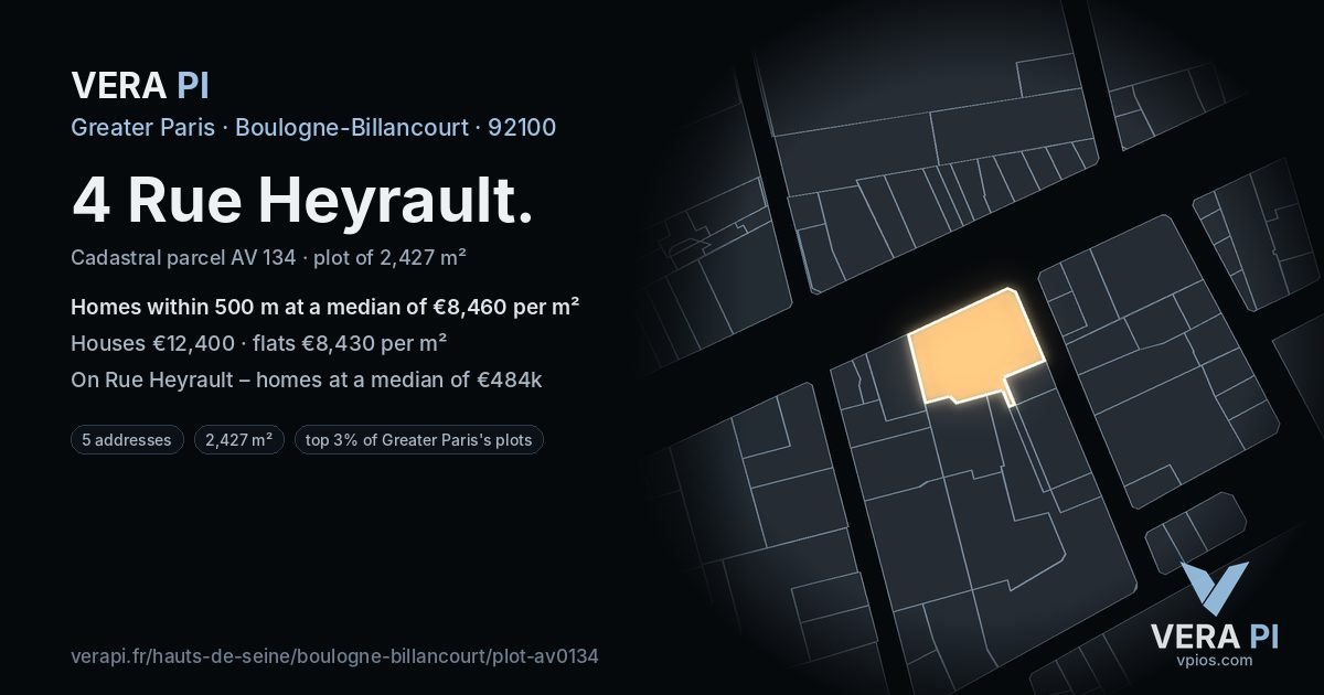 4 Rue Heyrault, Boulogne-Billancourt at night – the plot lit, the parcels around coloured by the prices near them