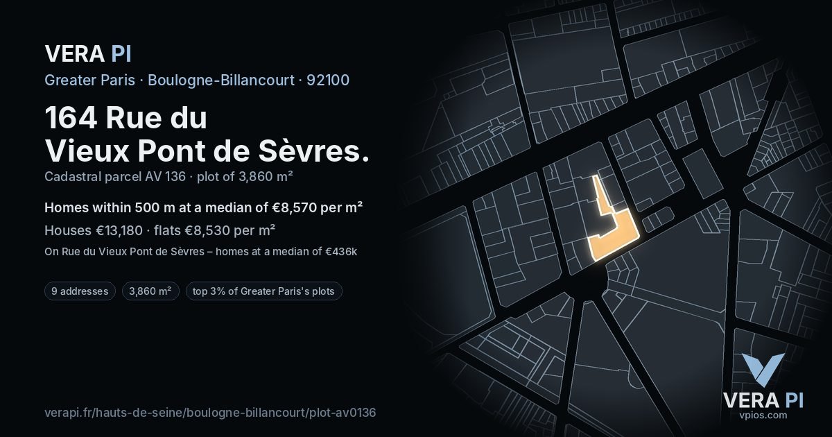 164 Rue du Vieux Pont de Sèvres, Boulogne-Billancourt at night – the plot lit, the parcels around coloured by the prices near them