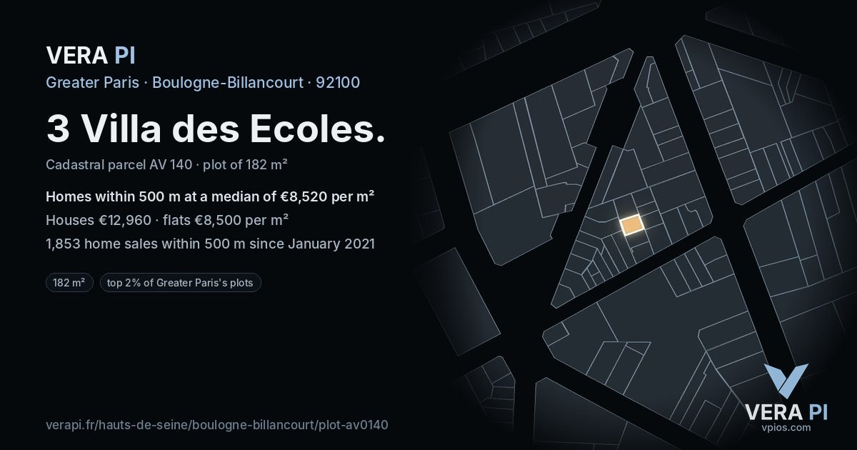 3 Villa des Ecoles, Boulogne-Billancourt at night – the plot lit, the parcels around coloured by the prices near them