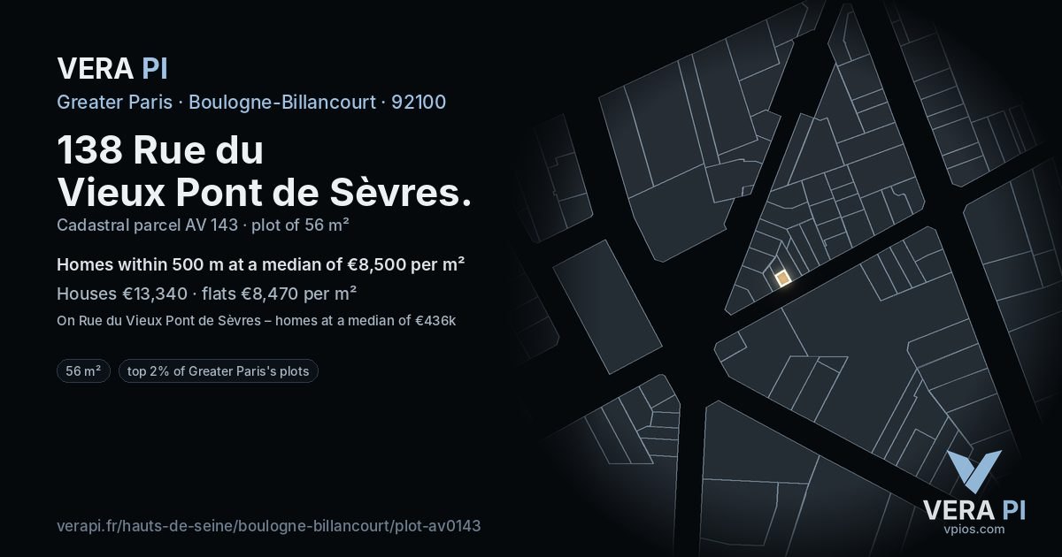 138 Rue du Vieux Pont de Sèvres, Boulogne-Billancourt at night – the plot lit, the parcels around coloured by the prices near them