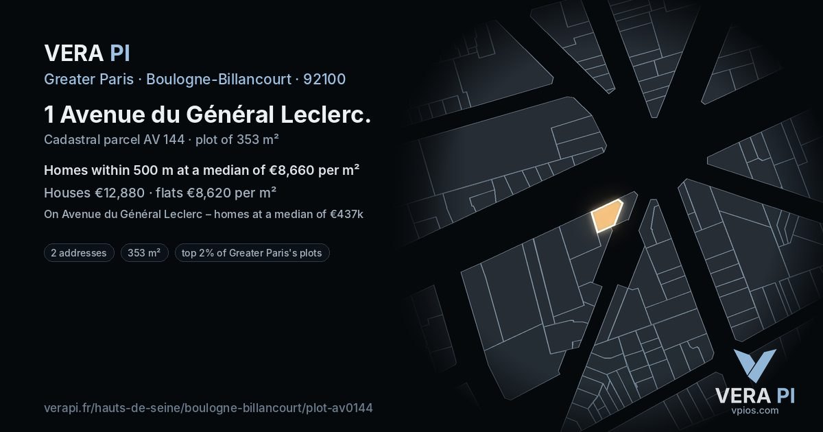 1 Avenue du Général Leclerc, Boulogne-Billancourt at night – the plot lit, the parcels around coloured by the prices near them