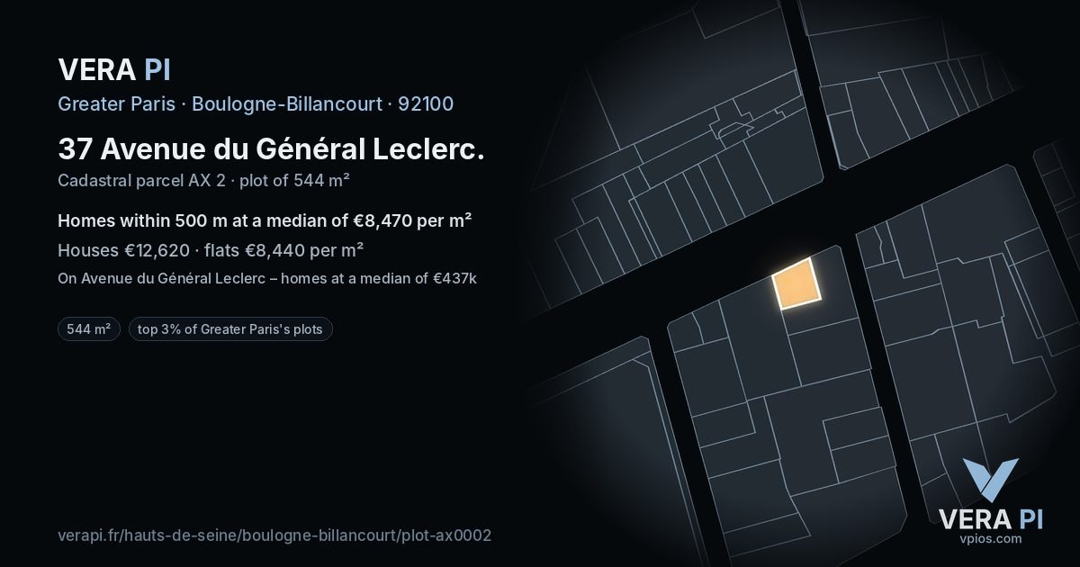 37 Avenue du Général Leclerc, Boulogne-Billancourt at night – the plot lit, the parcels around coloured by the prices near them