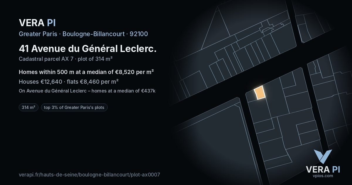41 Avenue du Général Leclerc, Boulogne-Billancourt at night – the plot lit, the parcels around coloured by the prices near them