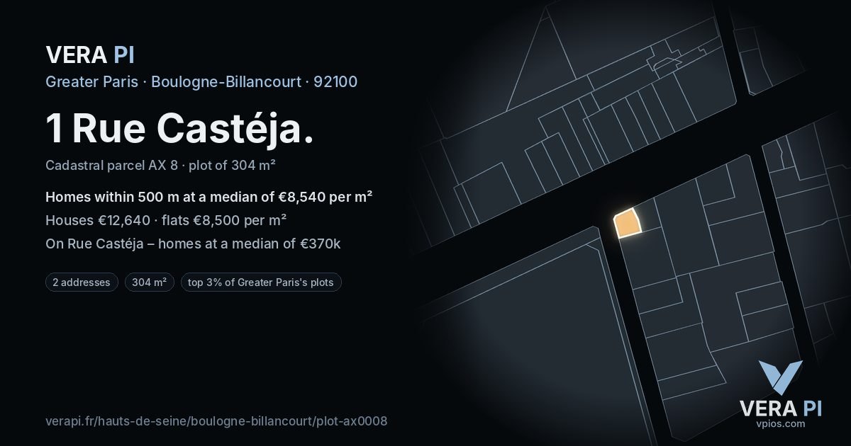 1 Rue Castéja, Boulogne-Billancourt at night – the plot lit, the parcels around coloured by the prices near them