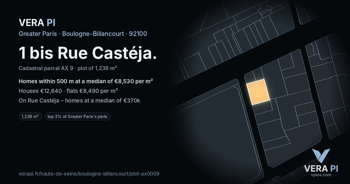 1 bis Rue Castéja, Boulogne-Billancourt at night – the plot lit, the parcels around coloured by the prices near them