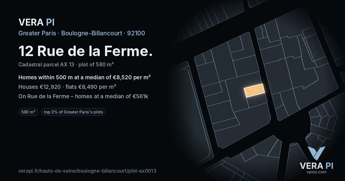 12 Rue de la Ferme, Boulogne-Billancourt at night – the plot lit, the parcels around coloured by the prices near them