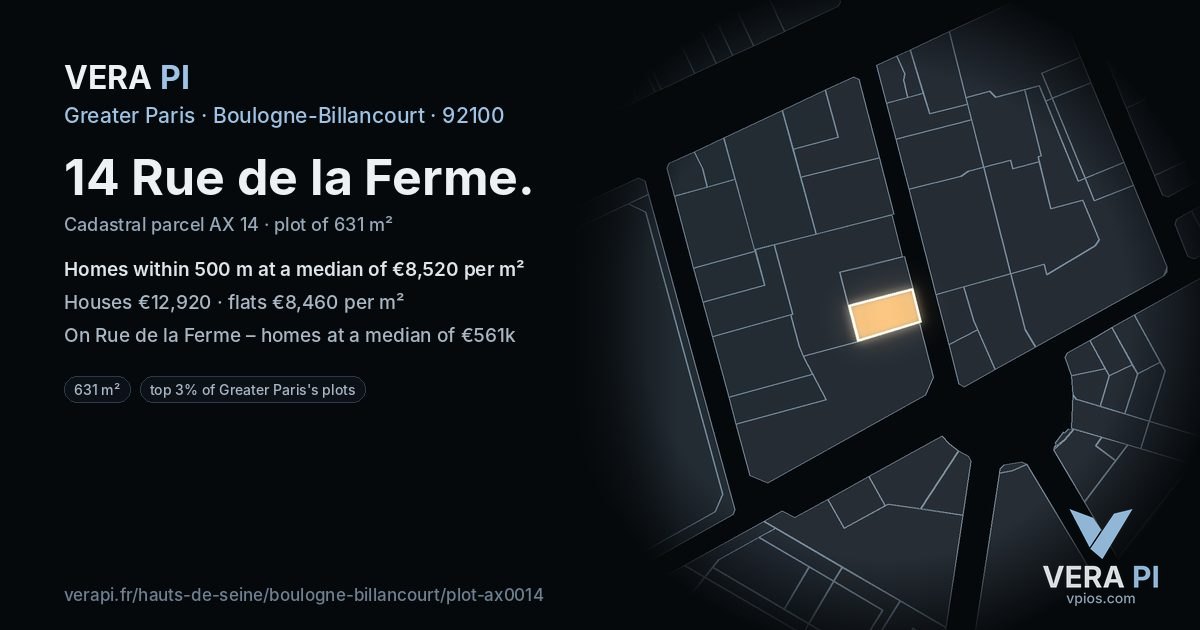 14 Rue de la Ferme, Boulogne-Billancourt at night – the plot lit, the parcels around coloured by the prices near them