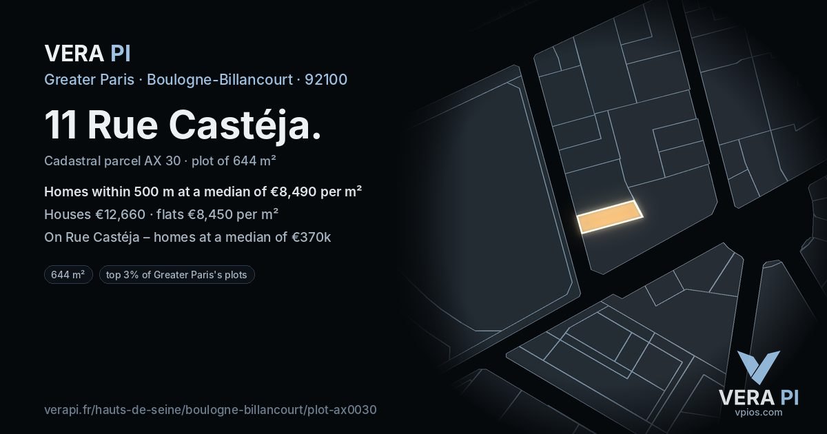 11 Rue Castéja, Boulogne-Billancourt at night – the plot lit, the parcels around coloured by the prices near them