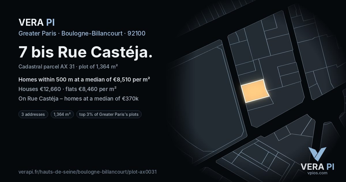 7 bis Rue Castéja, Boulogne-Billancourt at night – the plot lit, the parcels around coloured by the prices near them
